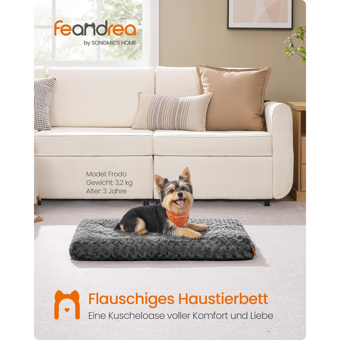 Ліжко для собак Feandrea, XL, для великих собак, м'яка подушка, плюш, 110 x 73 см, з м'яким наповнювачем, можна прати, неслизьке, сірий PGW293GN01 (M (80 x 50 x 10 см))
