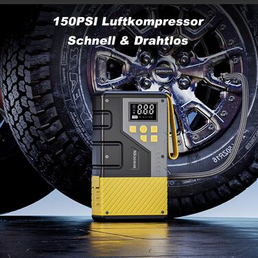 Powerbank для прикурювання з компресором 3000A 150PSI, LCD-дисплей, LED-ліхтарик (Жовтий)