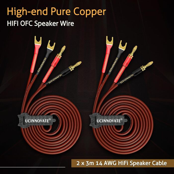 Акустичний кабель UCINNOVATE HiFi OFC (2 шт. по 3м), 14AWG з позолоченими роз'ємами Банан-Лопатка (Y-штекер) для підсилювача та колонок