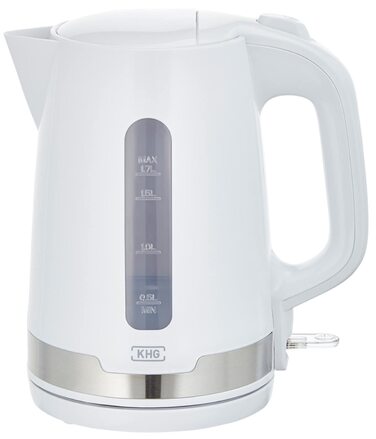 Електричний чайник KHG WK-1708 WE2 білий з нержавіючої сталі, 1.7 л, знімний фільтр від накипу, індикатор рівня води, захист від сухого кипіння та автовимкнення, прихований нагрівальний елемент, BPA Free, 2200 Вт