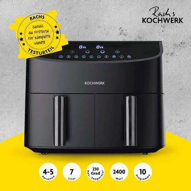 Двокамерна аерофритюрниця Rachs KOCHWERK 7 л, цифрова, сенсорна панель, 10 програм, 2 камери по 3,5 л, нержавіюча сталь, без масла, Smart-Cook, 2400 Вт, чорна