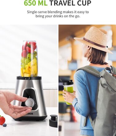 Блендер GDOR 1200W з 1,5л скляною колбою та 650мл стаканом для подорожей, 3 швидкості, професійний, для смузі, шейків, заморожених напоїв та соусів