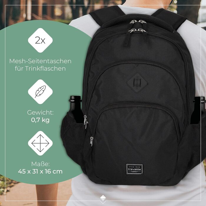 Travelite Carry-on Backpack, Laptop Backpack 15.6 inch, BASICS, Daypack, Daypack with many compartments, 45 cm, 22 liters (Black)