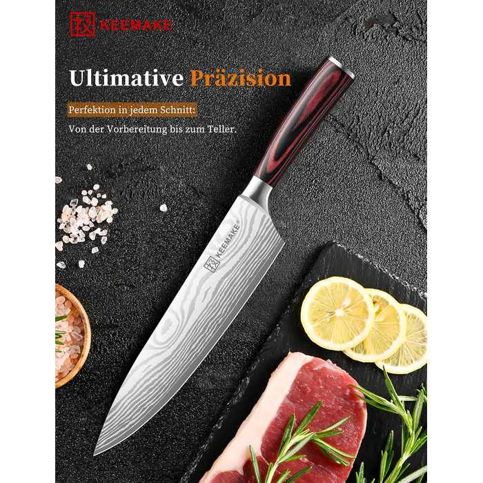 KEEMAKE Кухонний ніж кухарський 20см, професійний ніж для кухні з нержавіючої сталі з захистом леза, гострий ніж шеф-кухаря універсальний для м'яса, овочів, риби