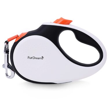 Рулетка для собак FurDreams – міцна висувна повідка 5 м | Зі зручним неслизьким руків'ям та блокуванням | Міцний нейлоновий шнур, що не заплутується | Карабін для нашийника (великий) | Оранжевий, великий