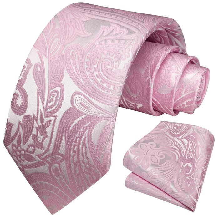 HISDERN Комплект краватки та нагрудного хустинки для чоловіків на весілля, павільоном, жаккард, однотонні кольори, B-babypink-3