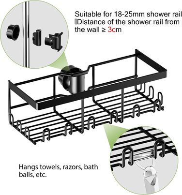 HouseUp Shower Shelf No Drilling, 2 Pack Shower Rod Storage Shelf Stainless Steel for 18mm-25mm Shower Rod, Black Bathroom Organizer Shampoo Holder for Shower