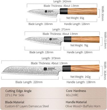 Японський ніж XINZUO Damaststahl Kiritsuke 21.5 см з нержавіючої сталі Дамаск, ніж шеф-кухаря Gyuto з ручкою з оливкового дерева та чорного рогу буйвола, з піхвою (набір з 5 ножів)