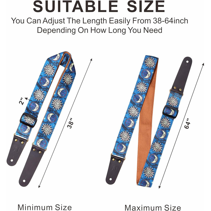 Гітарний ремінь Nefelibata, вишитий бавовняний ремінь з шкіряними кінцями, для бас-гітари, електро- та акустичної гітари, безкоштовний фіксатор, 1 пара застібок, 4 шт. (Блакитне сонце)