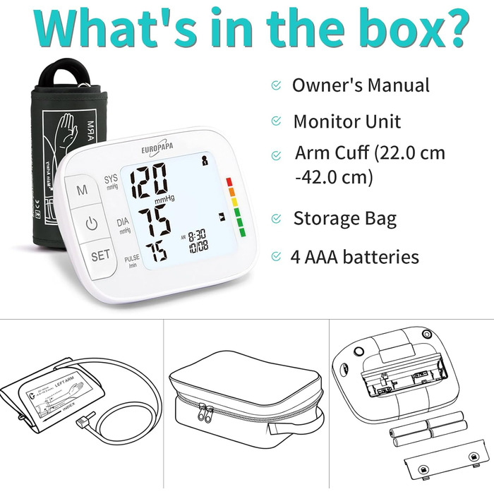 Тонометр EUROPAPA на плече для дому, вимірювання пульсу та артеріального тиску, велика манжета (22-42 см), 2 * 60 пам'ять, для 2 користувачів
