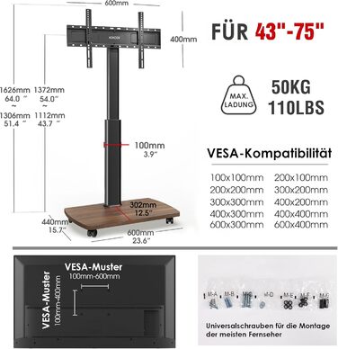 AOKCOS Rolling TV Stand with Wood Shelf - Adjustable Height & Swivel - Fits 43-75 Inch TVs (up to 50kg) - VESA 600x400mm - White+Natural (Black+Vintage Brown)