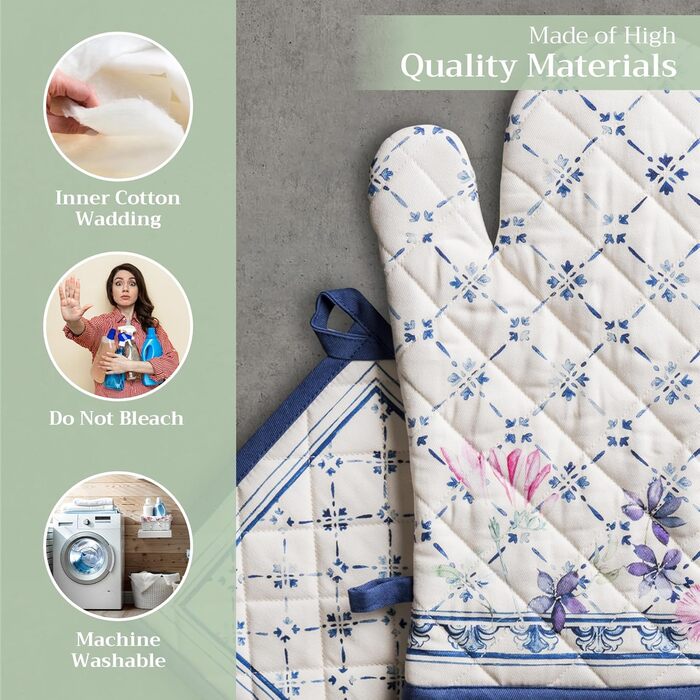 Maison d' Hermine Faience Oven Mitt + Pot Holders, 100% Cotton, Heat Resistant, Kitchen Oven Mitt (19.1 x 33 cm) and Pot Holders (20.3 x 20.3 cm) for Cooking, Grilling, Spring/Summer