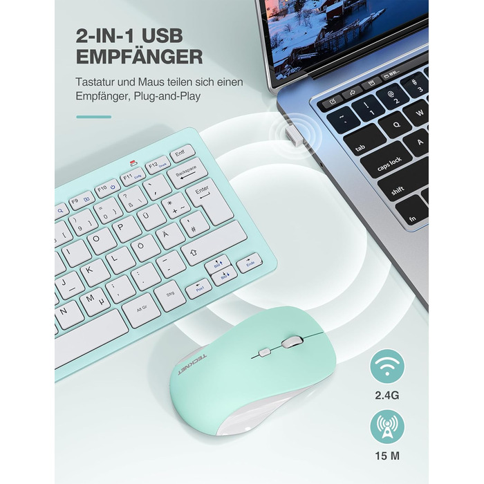 Бездротова клавіатура та миша TECKNET QWERTZ, 2.4 GHz, 15м, тиха, для ПК, ноутбука, Smart TV, білий (зелений)