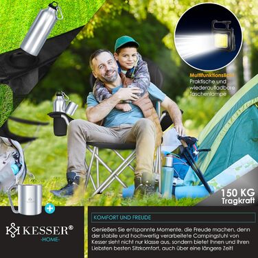 Крісло для кемпінгу KESSER® - складне, до 150 кг, з підлокітниками, високою спинкою, кишенею та тримачем для напоїв, хакі (чорний/чорний)
