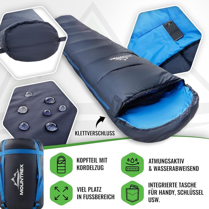 Сплячий мішок MOUNTREX® - компактний та ультралегкий (760г/1500г) - Outdoor (100GSM) / 3-4 сезони (300GSM) - Мумієподібний спальний мішок – кемпінг, подорожі, фестивалі – теплий та з'єднуваний (Темно-синій/Синій, 3 сезони - 1500г (RV Ліворуч))