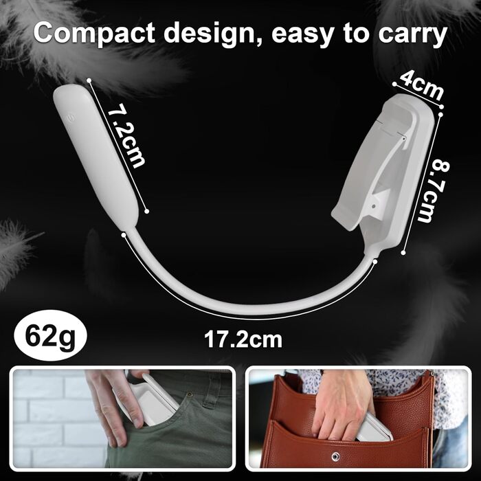 USB LED лампа для читання з кліпсою, 3 режими температури кольору, регульована яскравість, гнучка на 360°, для ліжка, столу та подорожей, біла