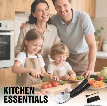 Прес для часнику з нержавіючої сталі - багатофункціональний прес для часнику з силіконовим очищувачем та щіткою для чищення. Прес для часнику, придатний для миття в посудомийній машині. Чорний + срібний