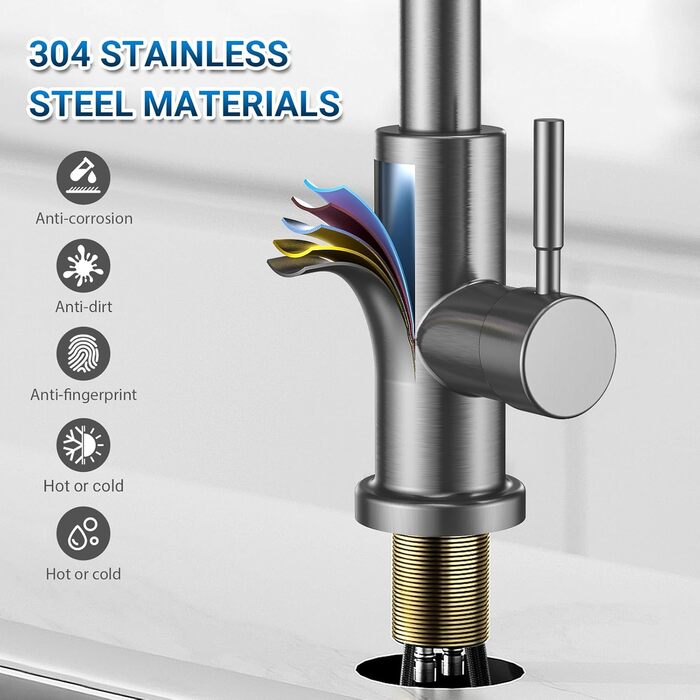 Кухонний змішувач Wasserhahn з висувною лійкою, поворотний на 360°, 2 функції, однорідний, для кухні (сірий)