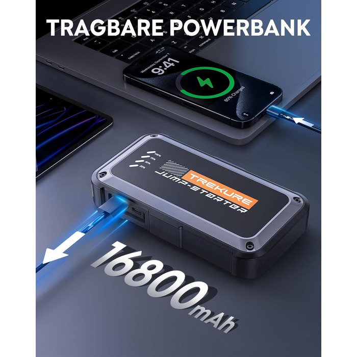 Powerbank Starthilfe TREKURE 4000A для автомобіля: 9.0L бензин/8.5L дизель, LED ліхтарик