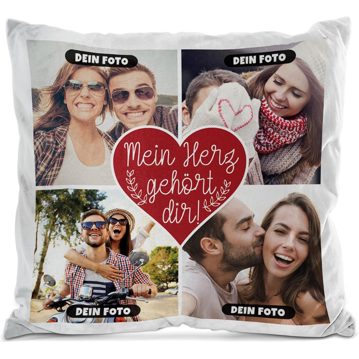 Фотоподушка з наповнювачем PR Print Royal, 40x40 см, біла, м'яка, з принтом «Моє серце належить тобі», для фотоколажу з 4 власних фото, подарунок