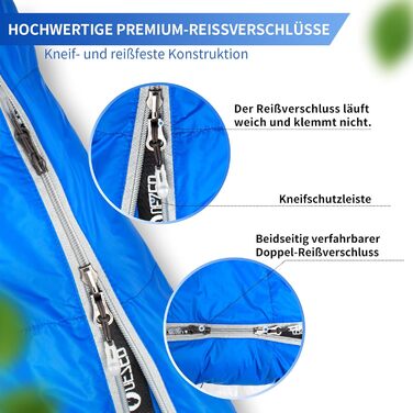 Сплячий мішок пуховий, 4-сезонний, зимовий -3°C до -20°C. Підходить для кемпінгу, походів та відпочинку на природі для дорослих та дітей. Колір: блакитний. Температурний режим: -3°C до -12°C