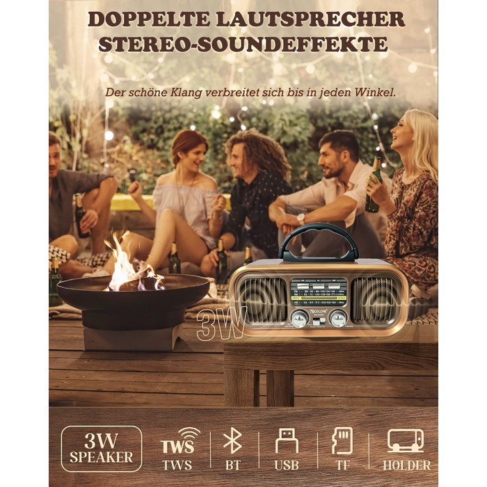 Ретро Радіо Klein з Bluetooth, AM/FM/SW радіо, портативне, з сонячною панеллю, USB/TF картка, подвійний динамік, коричневе