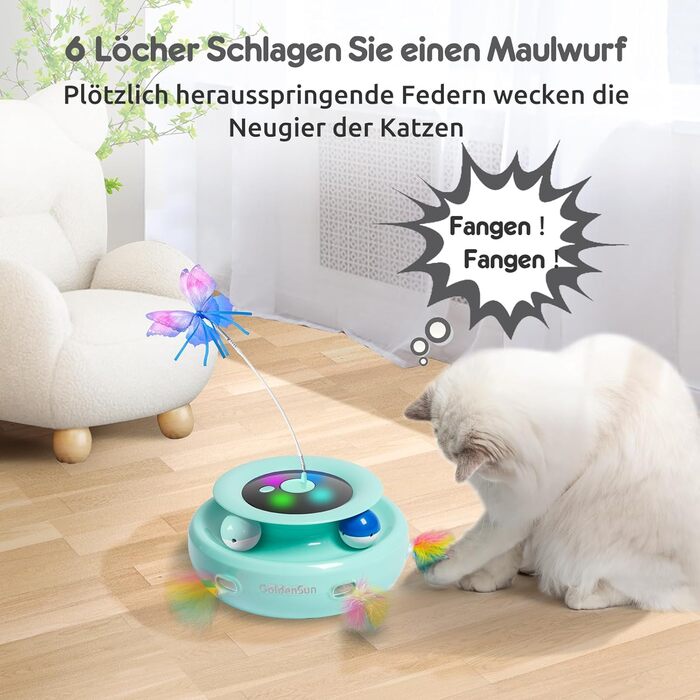 GoldenSun Cat Toy, 3 in 1 Electric Interactive Automatic Toy for Cats, Whack-A-Mole, Fluttering Butterfly, includes Ball, USB Rechargeable Cat Teaser with 6 Attachments (Green)