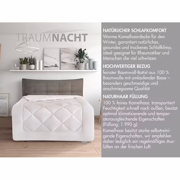 Зимова ковдра Traumnacht з верблюжої вовни 100%, 135x200 см, біла, сертифікат Öko-Tex, німецька якість