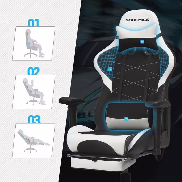 SONGMICS Gaming Chair with Footrest, 330 lbs, Office Chair, Desk Chair, Lumbar Pillow, Headrest, High Backrest, Ergonomic, Steel, Faux Leather, Breathable Mesh Fabric, Black-White RCG52BW Black + White