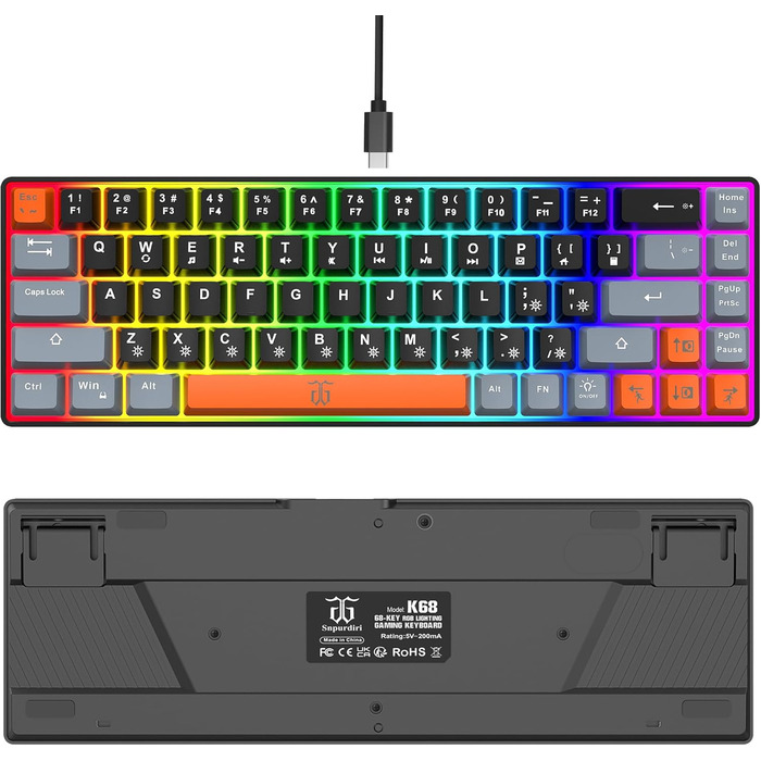 Ігрова клавіатура Snpurdiri з RGB підсвічуванням, механічний відгук, компактна, ергономічна, для офісу та ПК (63 білий/чорний/оранжевий, 68 чорний/сірий/оранжевий)