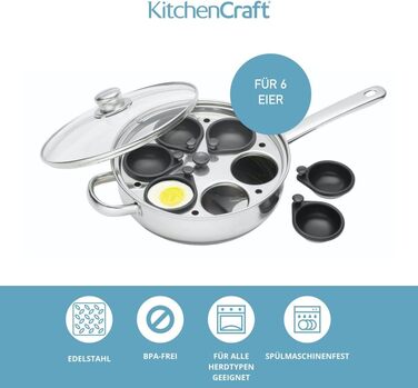 Каструля для приготування яєць-пашот KitchenCraft, антипригарна, з нержавіючої сталі, для 6 яєць, індукційна, 26 см, срібляста
