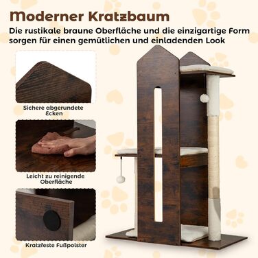 Кігтеточка для котів COSTWAY з будиночком та м'якими килимками, дерев'яний будиночок для котів, кігтеточка-кліматичне дерево, ігровий комплекс для котів 69x39x80,5 см (коричневий)