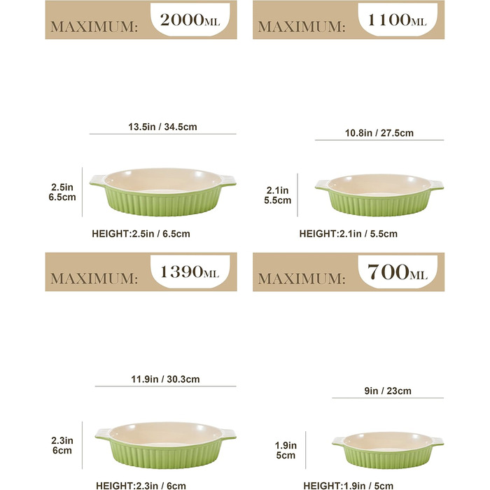 MALACASA Набір форм для запікання Bake.Bake (4 шт.) з жароміцної кераміки, зелений | 34,5+27,5+30,3+23 см