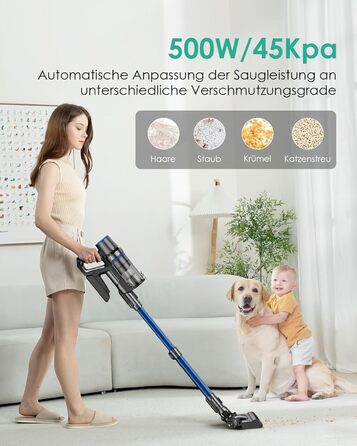 Бездротовий акумуляторний пилосос з функцією миття підлоги, 45000 Па/550 Вт/60 хв, безщітковий двигун, LED-дисплей, самостійна парковка, для твердих поверхонь, килимів та шерсті тварин, блакитний