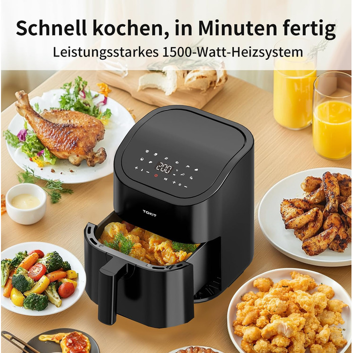 TOKIT Фритюрниця повітряна 1500W, 4.5L, 10 функцій, 360° циркуляція, низький вміст жиру, швидка приготування, компактна (чорний)