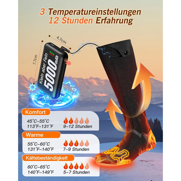 Гріючі шкарпетки 2026 Upgraded, 5000mAh*2, 3 режими нагріву, 360° нагрів, чорні, для жінок та чоловіків, для катання на лижах, полювання, походів