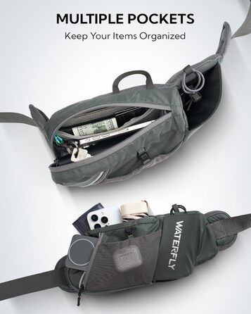 WATERFLY Поясна сумка на пояс для чоловіків та жінок з тримачем для пляшки: спортивна, стильна, для бігу, прогулянок, з собакою, подорожей, велосипеда (сіра)