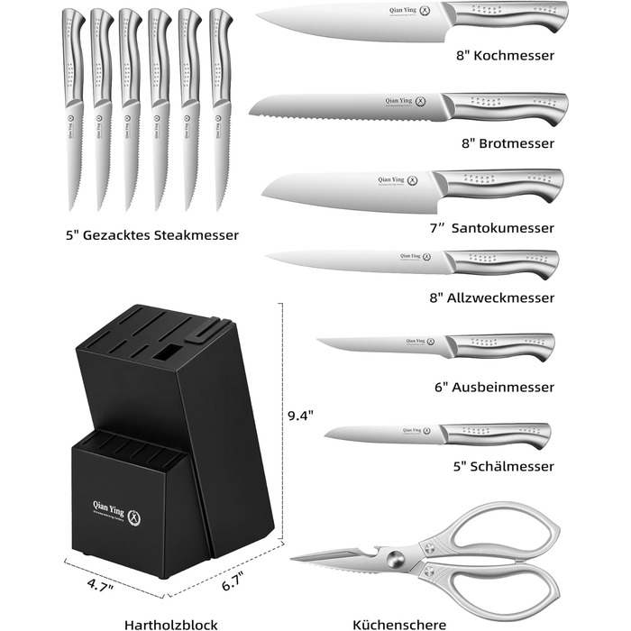 Набір кухонних ножів Qianying з блоком: 14 предметів. Набір ножів з підставкою, точилка, срібний колір. Кухонні ножі, подарунок для мами. Преміум якість.