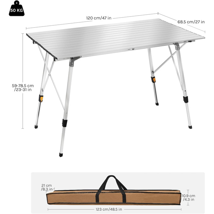 Стіл туристичний розкладний WOLTU, 120x68.5 см, сріблястий. Регульована висота, з сумкою та розкатним покриттям. Для кемпінгу, саду, балкону (4-6 осіб)