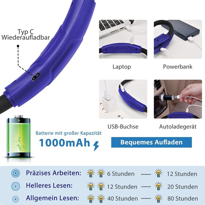 LED лампа на шию LUXJET для читання, в'язання, ремонту - акумуляторна, 3 кольори світла, регульована яскравість (темно-синій)