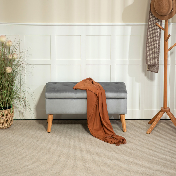 HOMCOM Storage Bench, Upholstered Bench with Lid, Bed Bench with Velvet Look, for Entryway, Bedroom, Living Room, Rubber Wood 102 x 35 x 43 cm Grey | Aosom