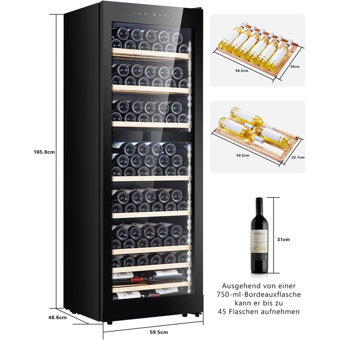 Kalamera 45-Bottle Dual Zone Wine Refrigerator - 120 Liter Capacity with LCD Display - 5-10°C/10-18°C Temperature Zones