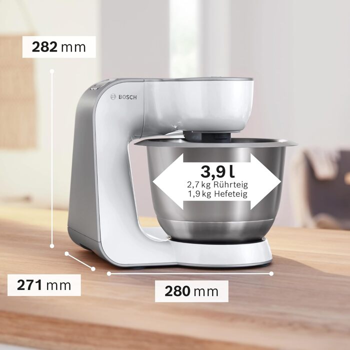 Bosch Kitchen Machine Series 4 MUM54251, 3.9 L Bowl, 1.25 L Mixer, Meat Grinder, Citrus Press, Dicer, Dough Hook, Beater, Whisk, Continuous Slicer, 3 Discs, 900 W, White/Silver