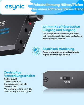 eSynic Підсилювач для навушників HiFi – портативний, з акумулятором 1000mAh, для MP3/MP4/Smartphone/PC, 16-600 Ом, 3.5mm AUX, алюмінієвий корпус