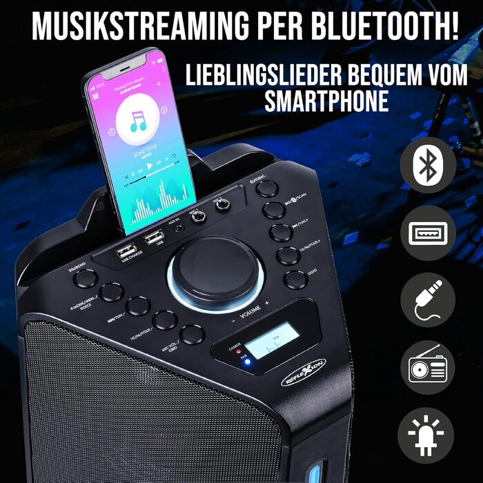 Reflexion PS09BT Bluetooth портативна акустика для вечірок, DJ, караоке, 500 Вт, радіо UKW-PLL, світлодіодний ефект, мікрофон, вбудований акумулятор, чорний (PS100BT (800W))