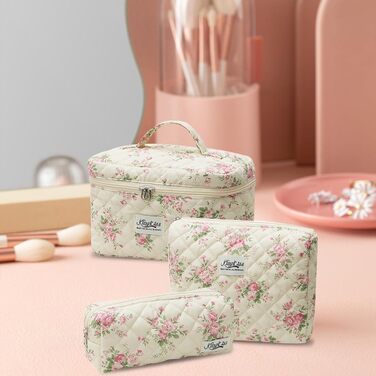 Косметичка для жінок, набір 3 шт. велика бавовняна косметичка для подорожей, органайзер для макіяжу, косметична сумочка з квітковим візерунком (рожева маленька квітка)