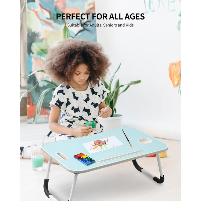 Складаний столик для ноутбука, портативний столик на колінах, приліжковий столик, підставка для ноутбука з тримачем для напоїв та слотом для планшета, з підйомним ручками для роботи, письма, малювання та їжі (Рожевий) (Блакитний)