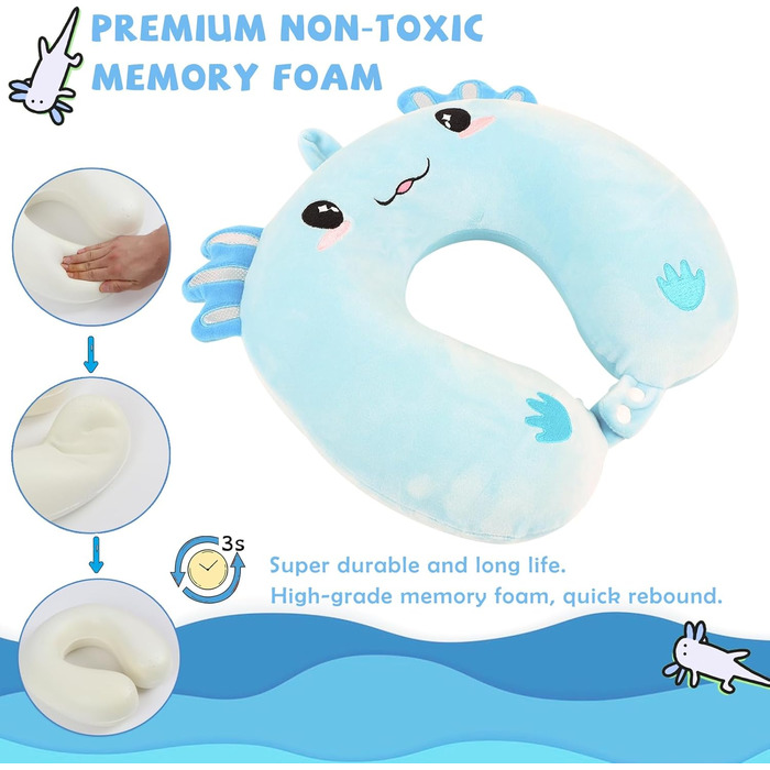 Дитяча подушка для подорожей з маскою для сну, м'яка подушка для шиї з Memory Foam, для дітей, хлопчиків та дівчаток, підлітків, аксесуари для подорожей (Блакитний Аксолотл)