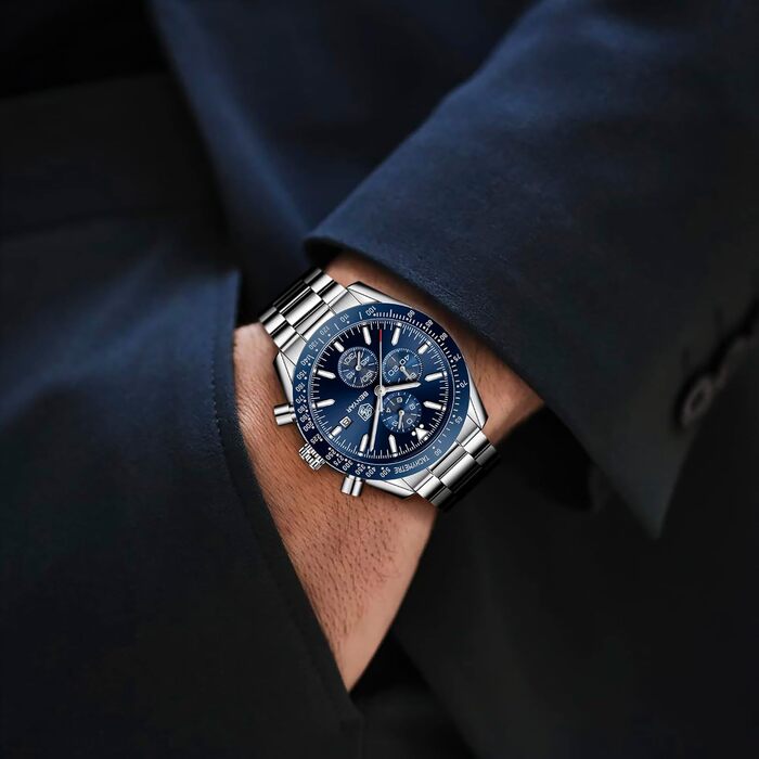 Годинник чоловічий BENYAR Quarz Chronograph, водонепроникний, з датою, світлодіодний дисплей, стильний, для повсякденного та ділового стилю, класичний дизайн, синій колір, ідеальний подарунок для чоловіків