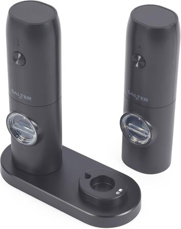 Набір електричних мельниць для солі та перцю Salter - регульований ступінь помолу, прозорі вікна, кнопка, база для зберігання, USB-кабель, керамічний механізм, підсвічувана база